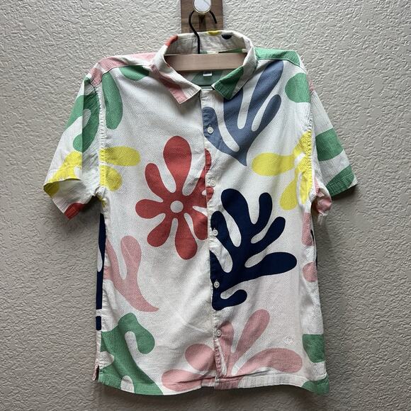 Free Assembly Seersucker Camp Shirt Kids XL 14/16 Floral Paint Splat - Picture 1 of 9